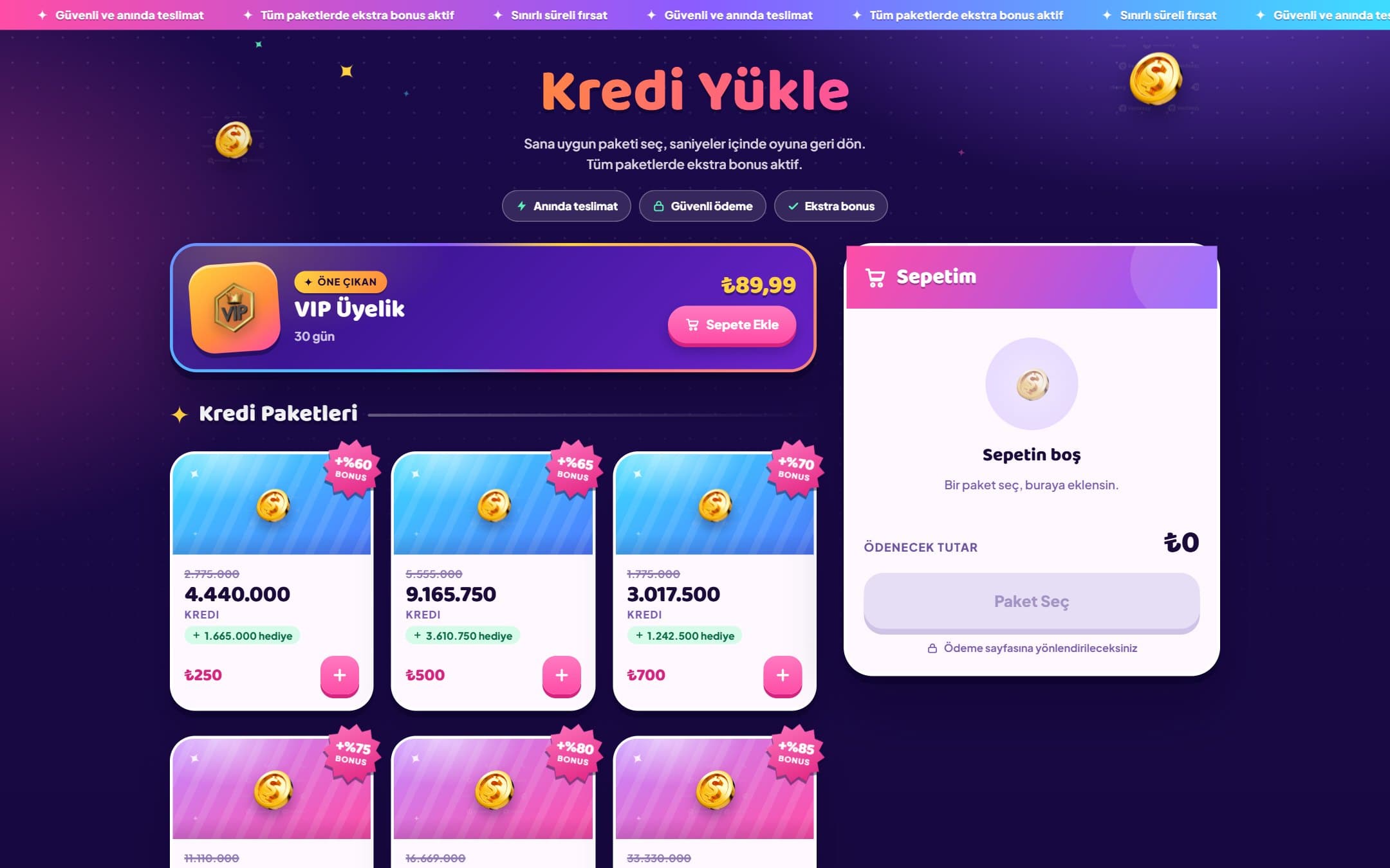 Kredi Yükle web sitesinin ekran görüntüsü